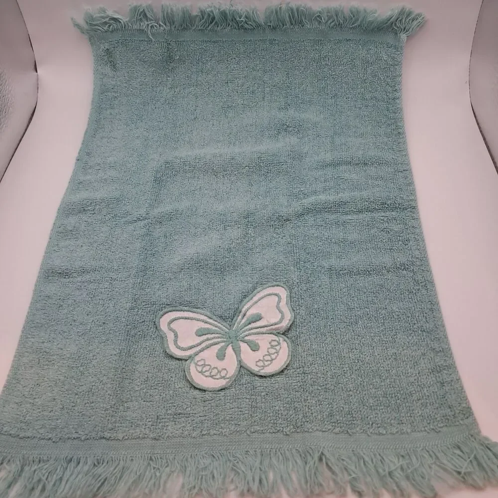 Martex Westpoint Pepperell USA Aqua Hand Towels (3) Butterfly Applique Fringes